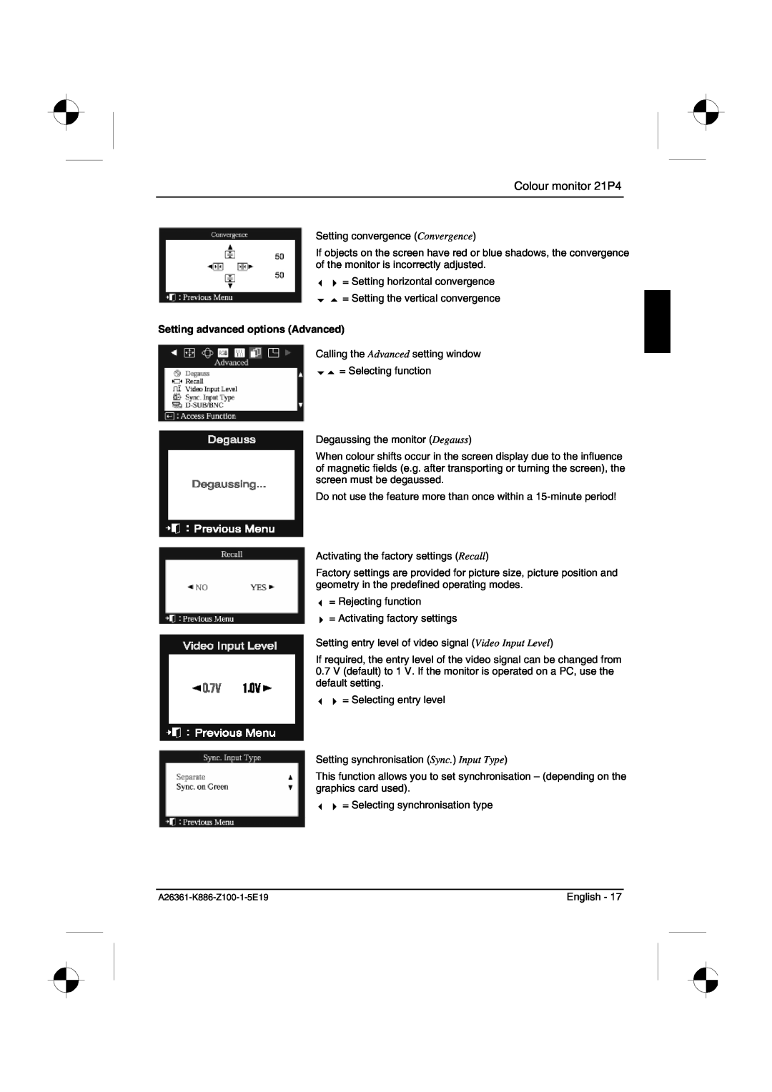 Fujitsu Siemens Computers manual Setting advanced options Advanced, Colour monitor 21P4 