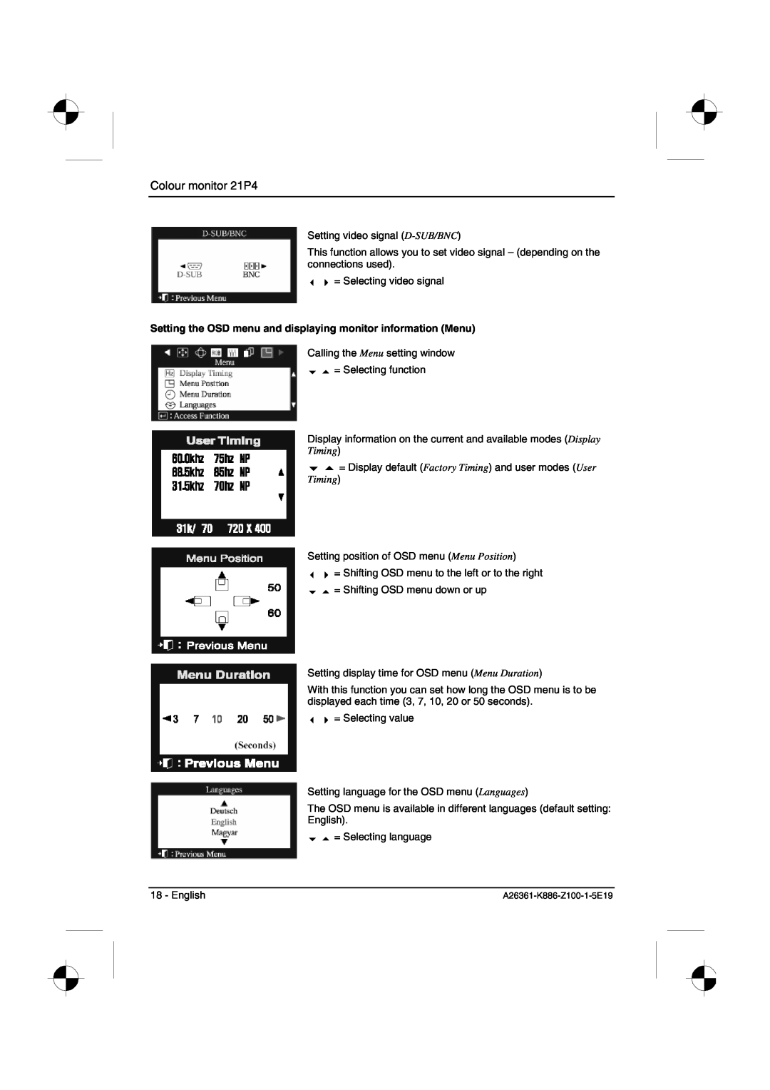 Fujitsu Siemens Computers Setting the OSD menu and displaying monitor information Menu, Timing, Colour monitor 21P4 