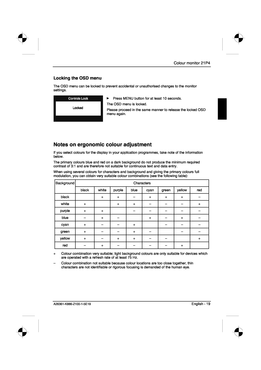 Fujitsu Siemens Computers manual Notes on ergonomic colour adjustment, Locking the OSD menu, Colour monitor 21P4 