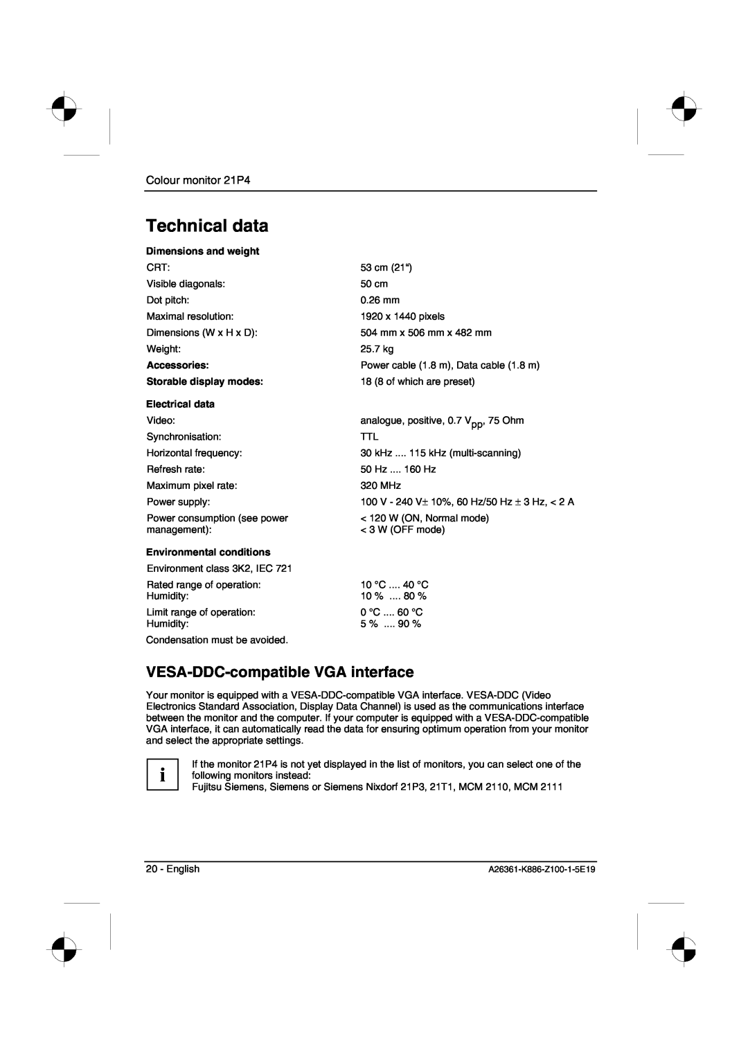 Fujitsu Siemens Computers 21P4 manual Technical data, VESA-DDC-compatible VGA interface, Dimensions and weight, Accessories 