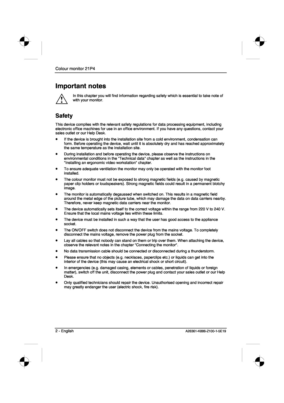 Fujitsu Siemens Computers manual Important notes, Safety, Colour monitor 21P4 