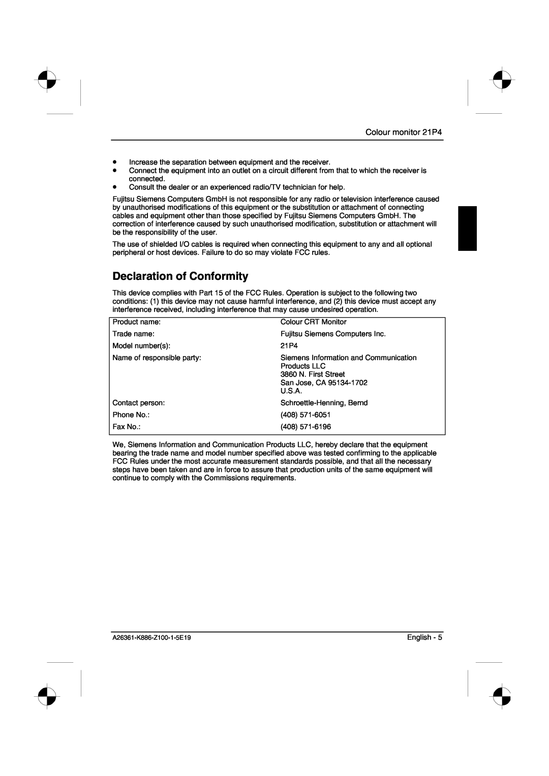 Fujitsu Siemens Computers manual Declaration of Conformity, Colour monitor 21P4 