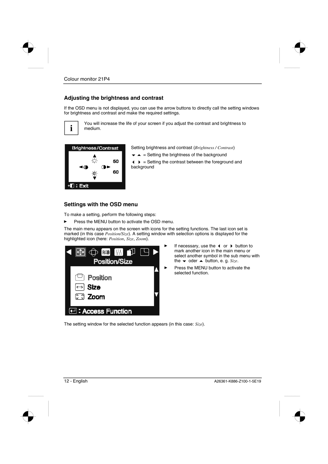 Fujitsu Siemens Computers 21P4 manual Adjusting the brightness and contrast 