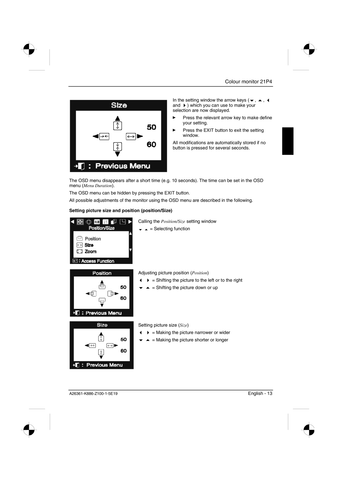 Fujitsu Siemens Computers 21P4 manual Setting picture size and position position/Size 