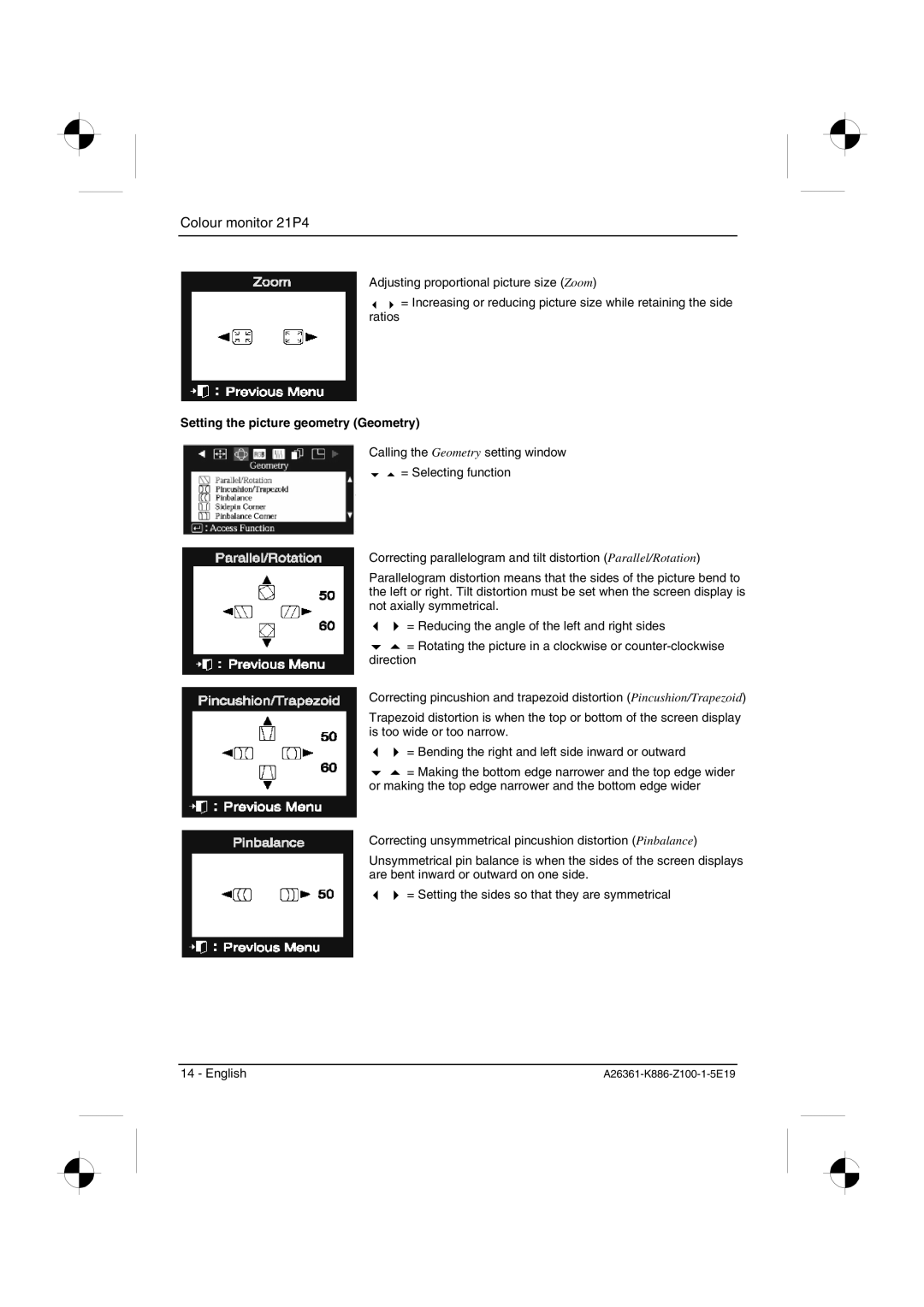 Fujitsu Siemens Computers 21P4 manual Setting the picture geometry Geometry 