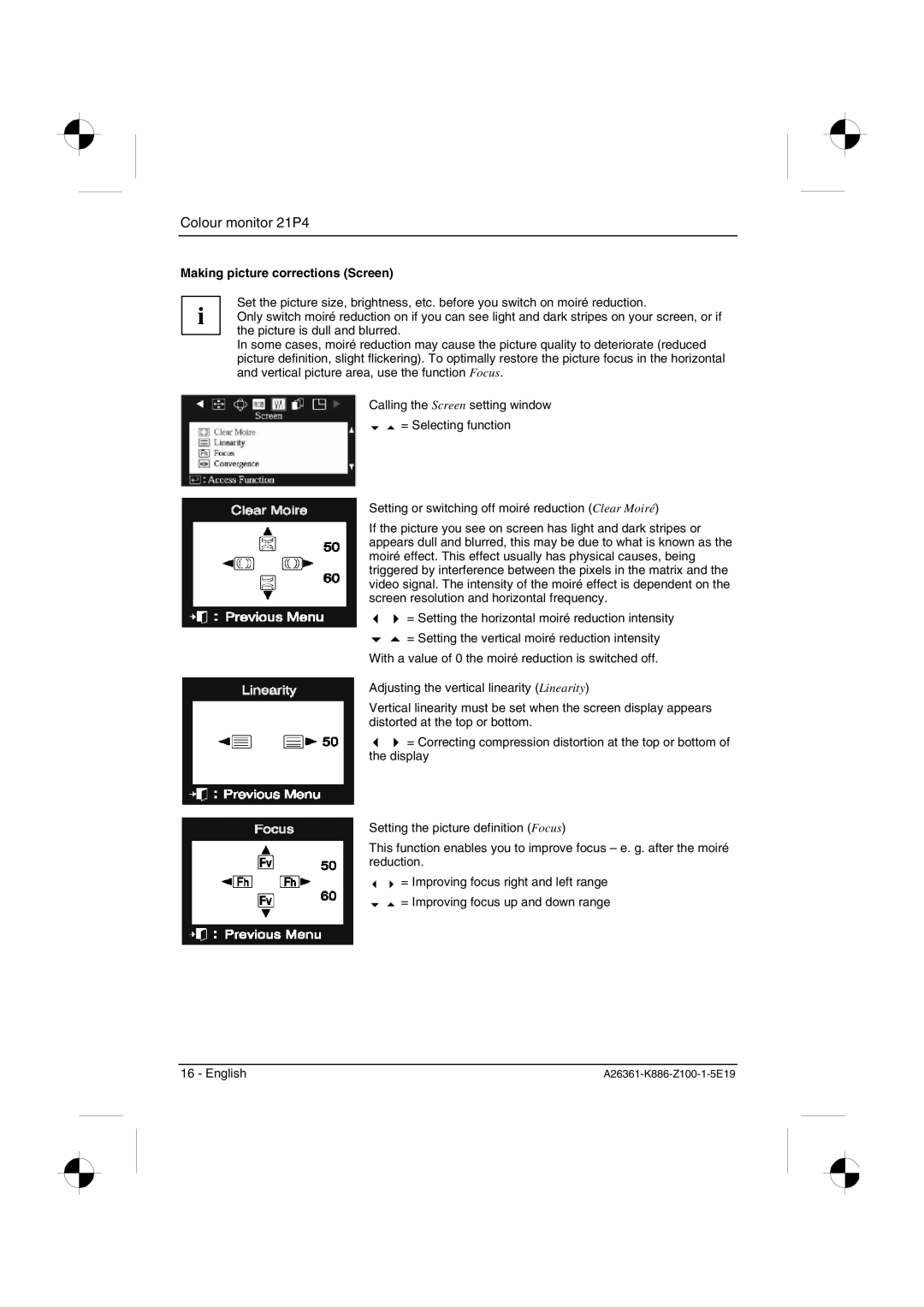 Fujitsu Siemens Computers 21P4 manual Making picture corrections Screen 