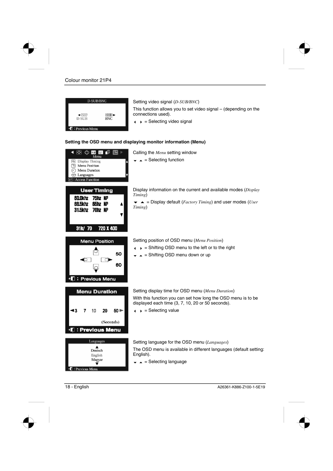 Fujitsu Siemens Computers 21P4 manual Setting the OSD menu and displaying monitor information Menu 