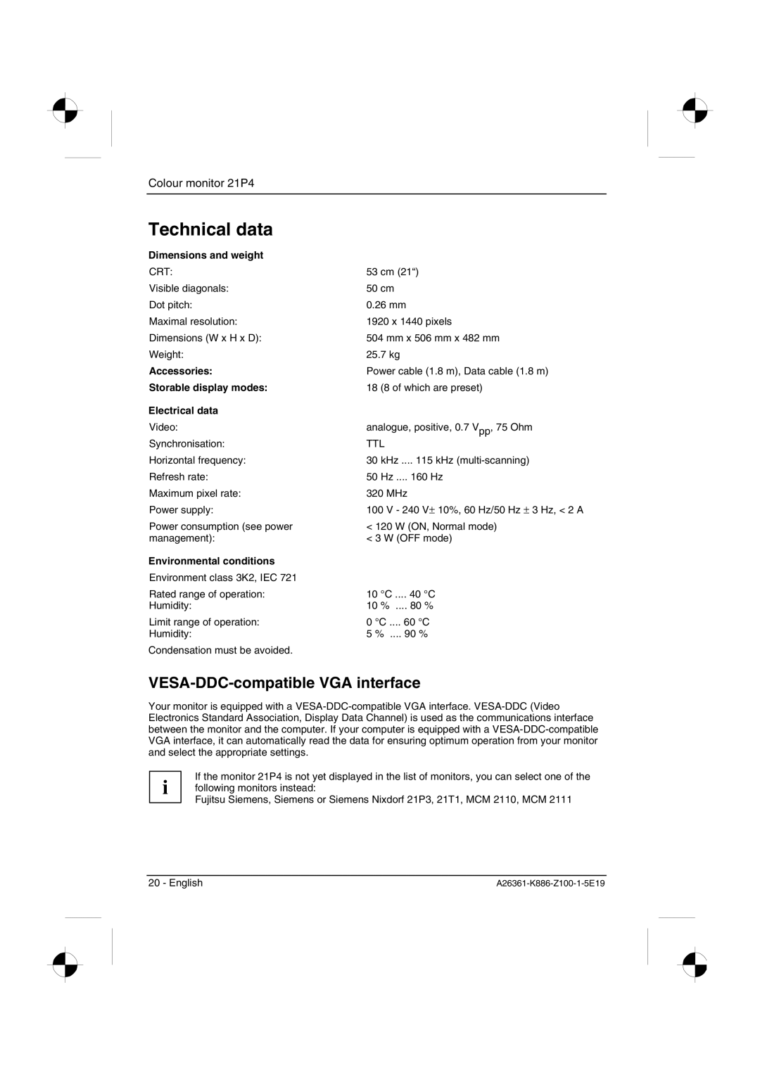 Fujitsu Siemens Computers 21P4 manual Technical data, VESA-DDC-compatible VGA interface 