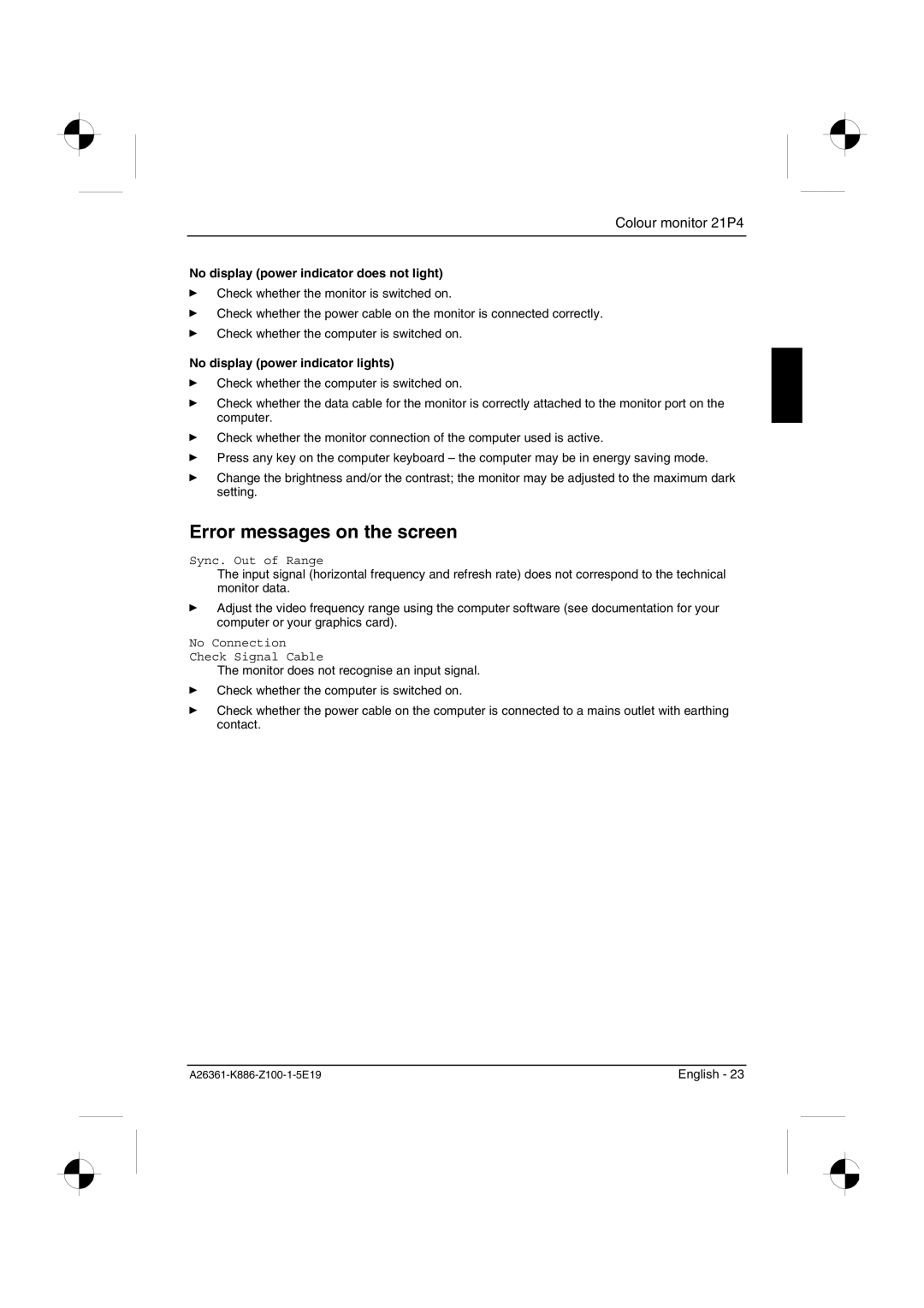 Fujitsu Siemens Computers 21P4 manual Error messages on the screen, No display power indicator does not light 