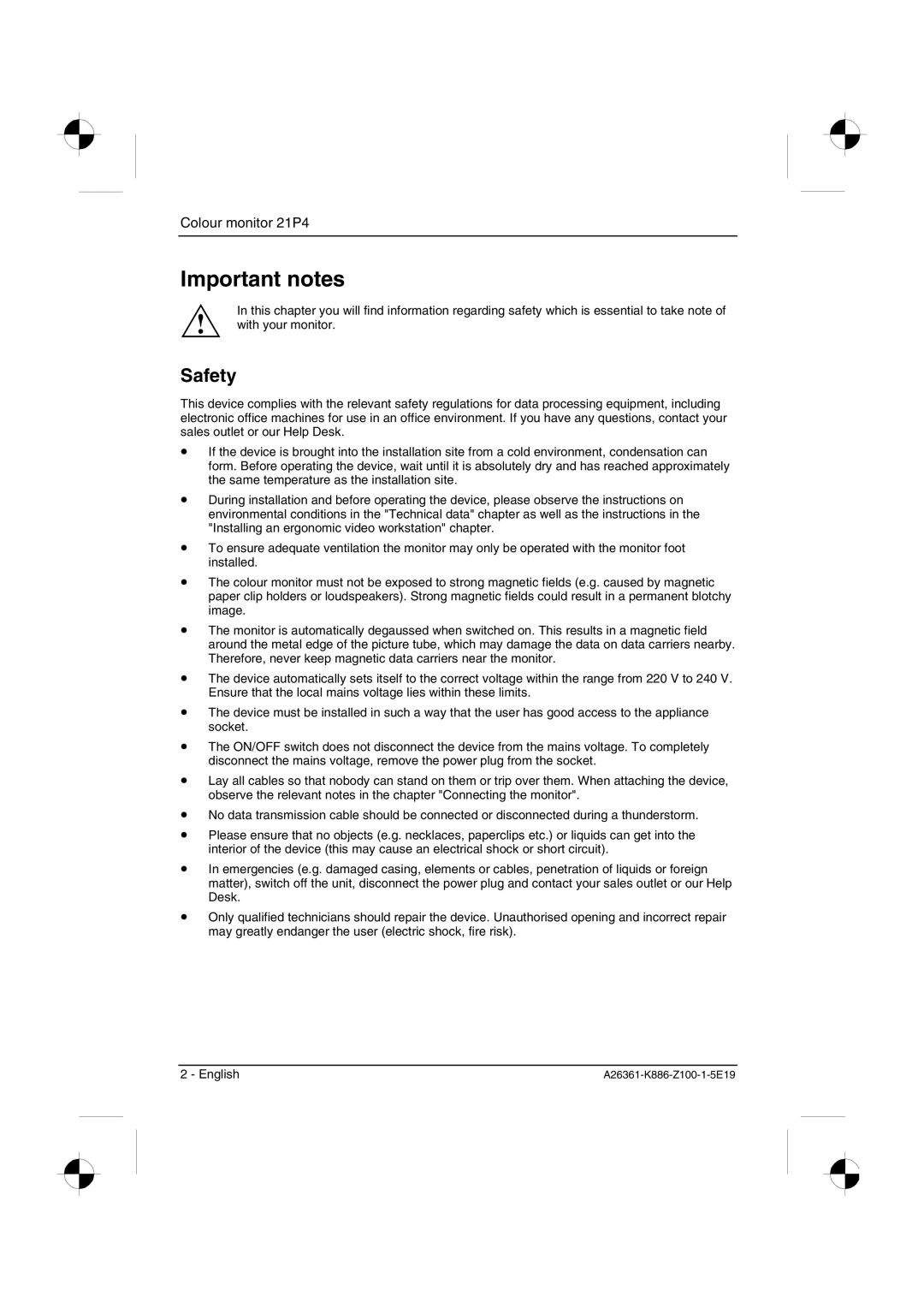 Fujitsu Siemens Computers 21P4 manual Important notes, Safety 