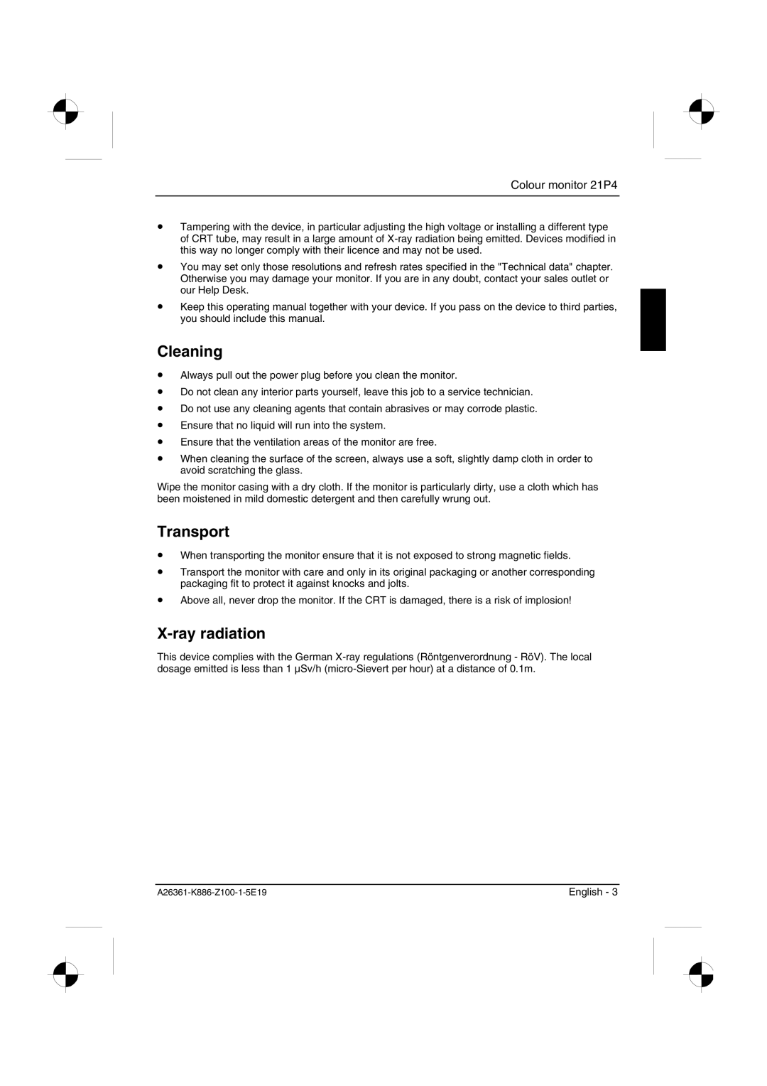 Fujitsu Siemens Computers 21P4 manual Cleaning, Transport, Ray radiation 