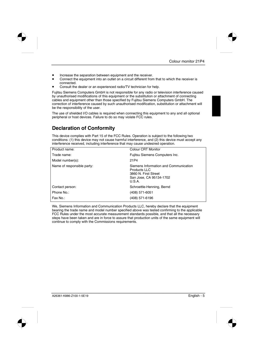 Fujitsu Siemens Computers 21P4 manual Declaration of Conformity 