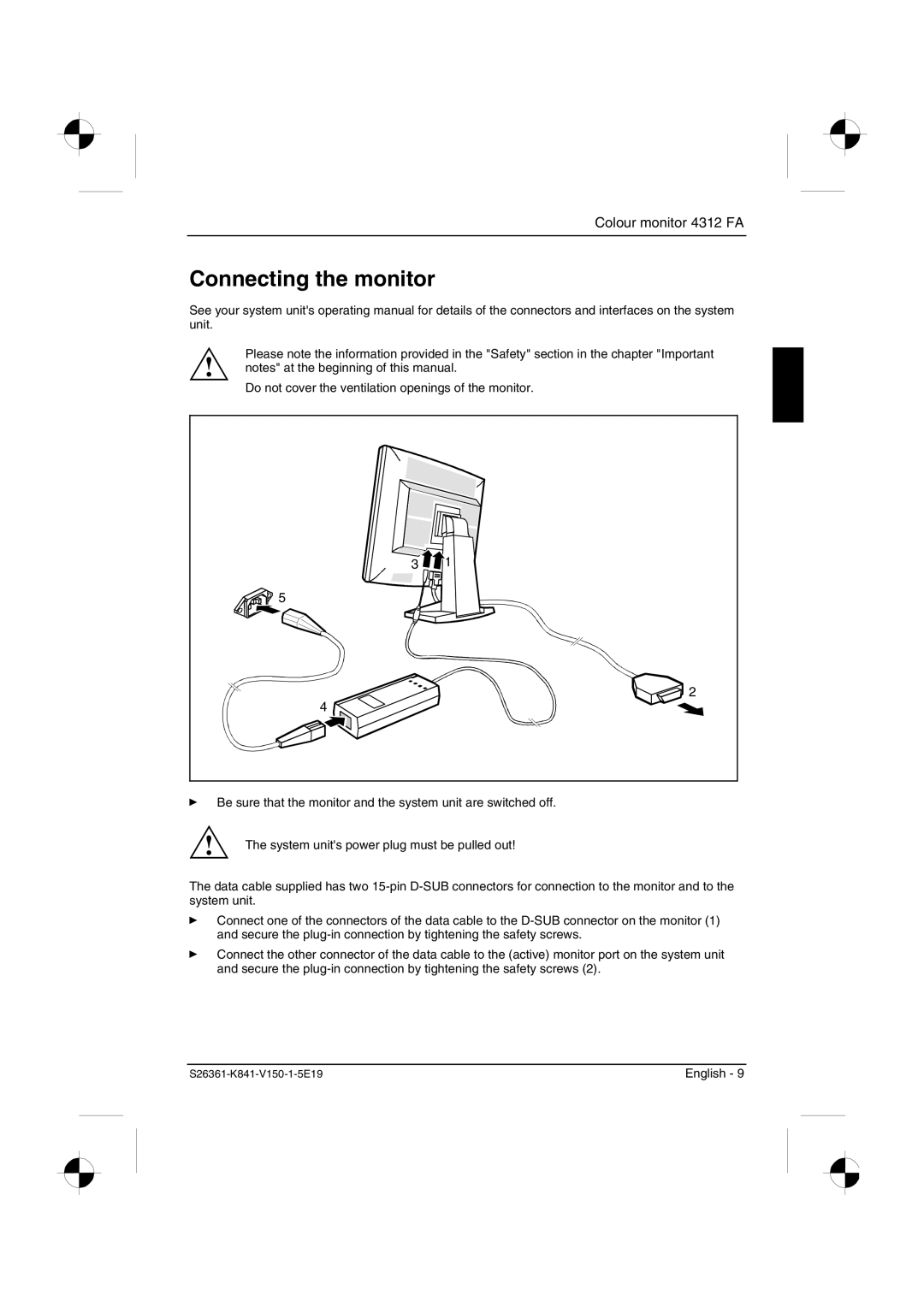 Fujitsu Siemens Computers 4312 FA manual Connecting the monitor 