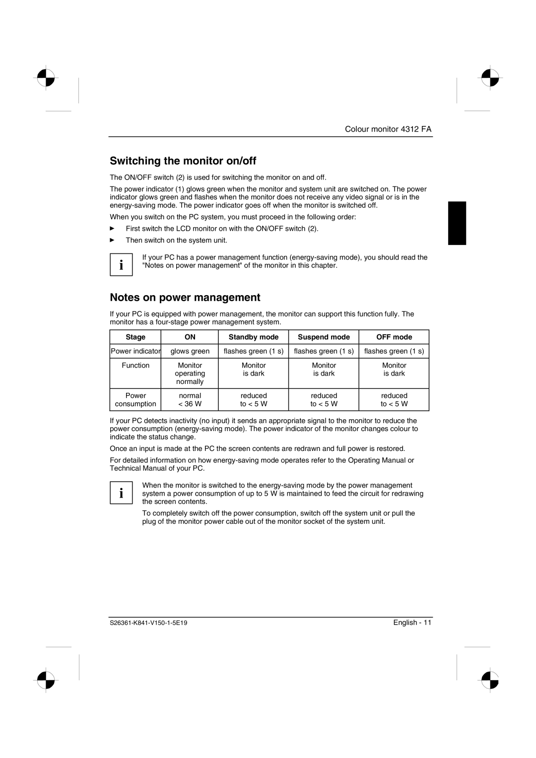 Fujitsu Siemens Computers 4312 FA manual Switching the monitor on/off, Stage Standby mode Suspend mode OFF mode 