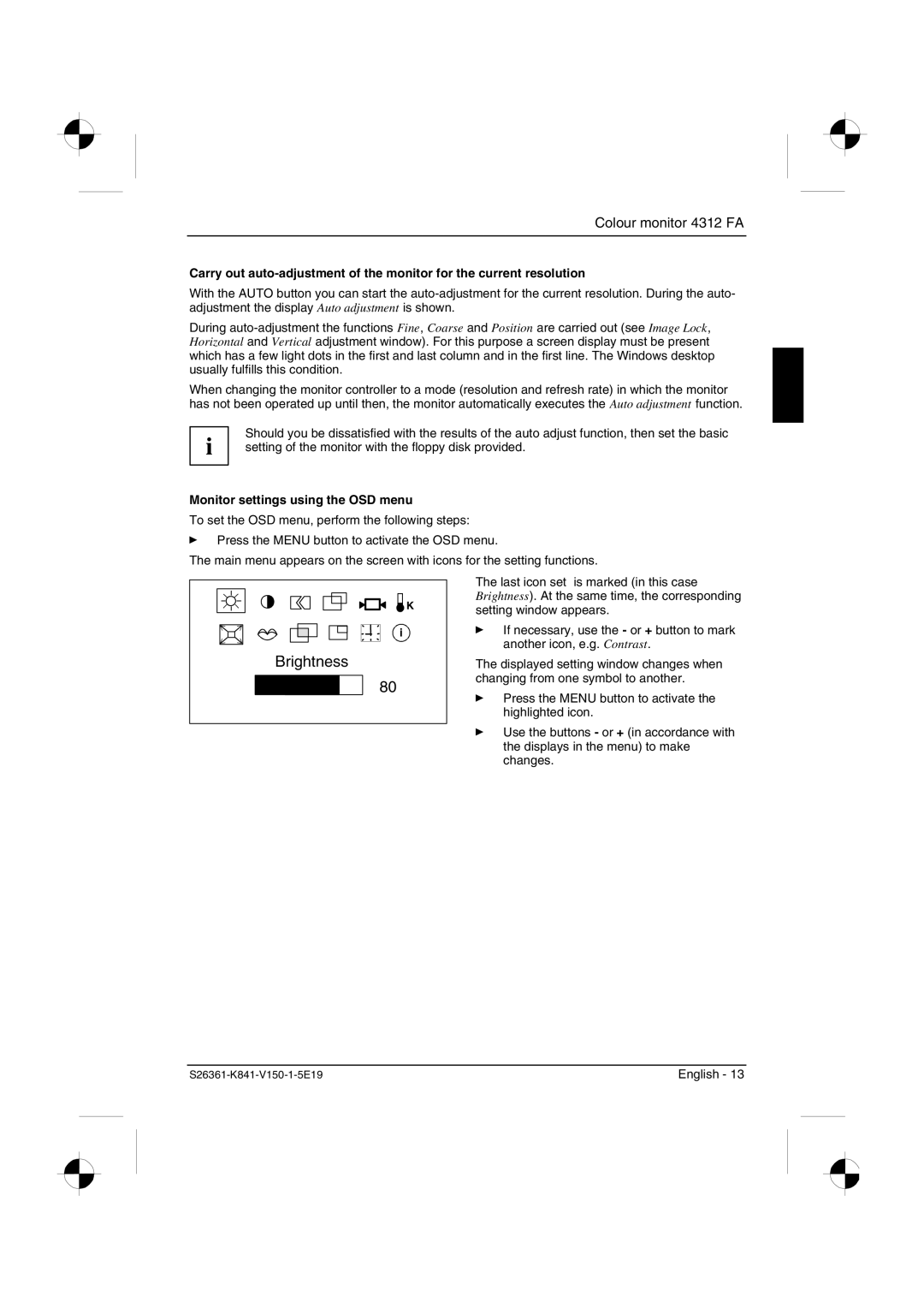 Fujitsu Siemens Computers 4312 FA manual Brightness, Monitor settings using the OSD menu 