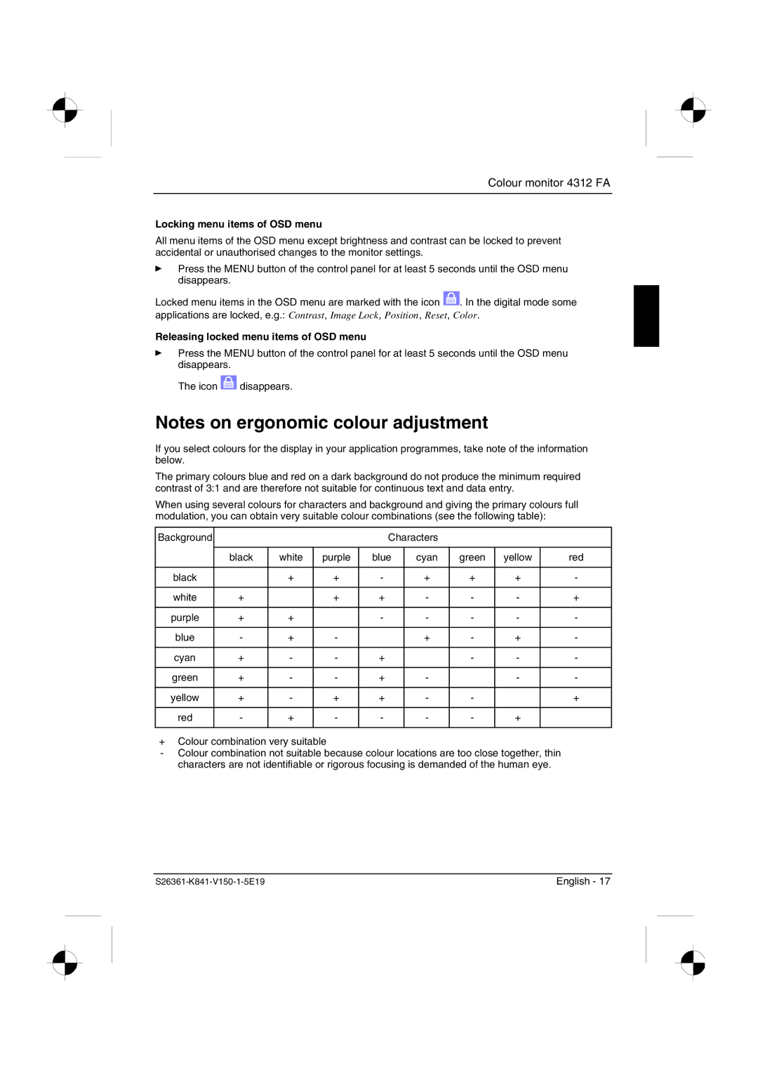 Fujitsu Siemens Computers 4312 FA manual Locking menu items of OSD menu, Releasing locked menu items of OSD menu 