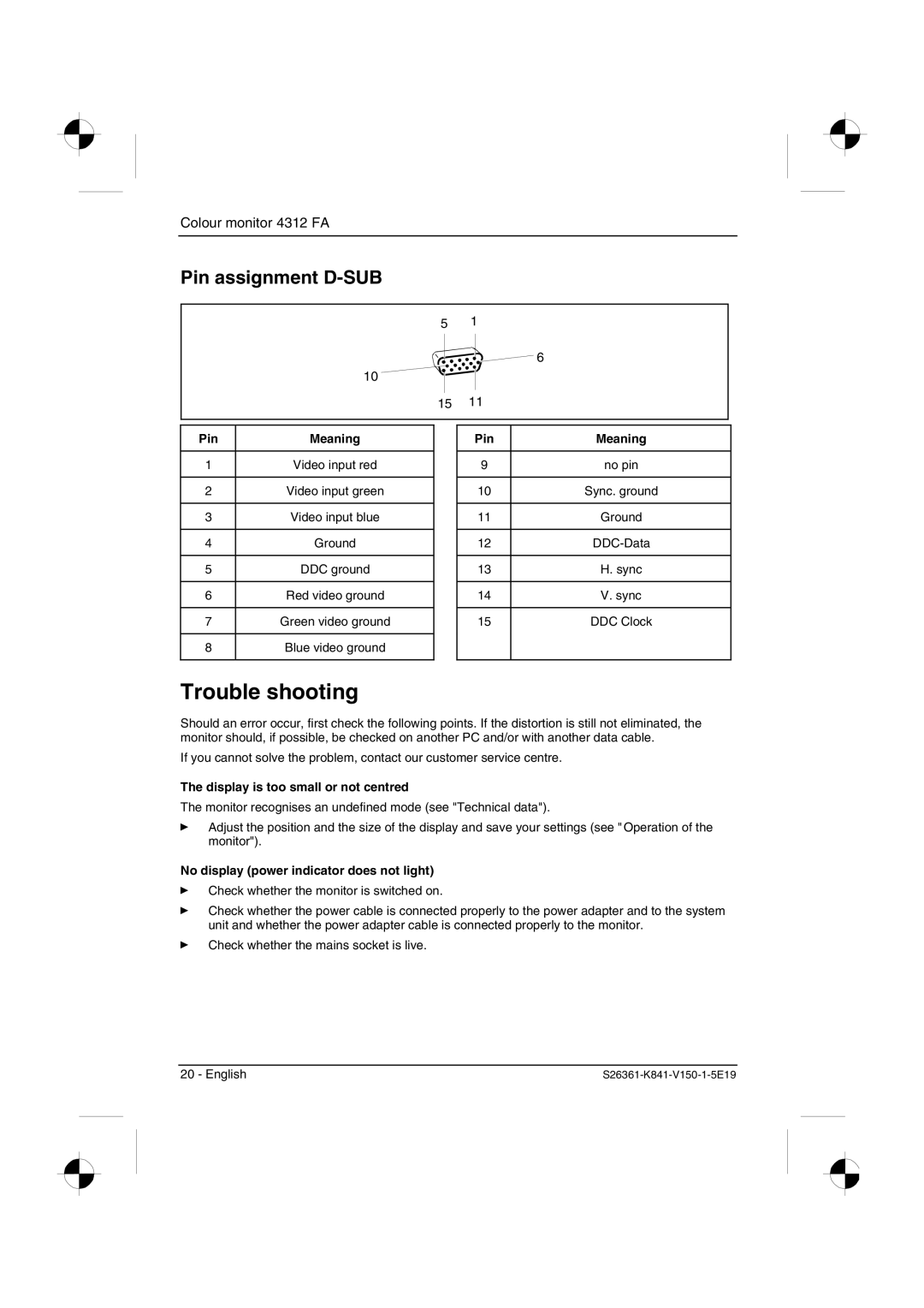 Fujitsu Siemens Computers 4312 FA Trouble shooting, Pin assignment D-SUB, Pin Meaning, Display is too small or not centred 