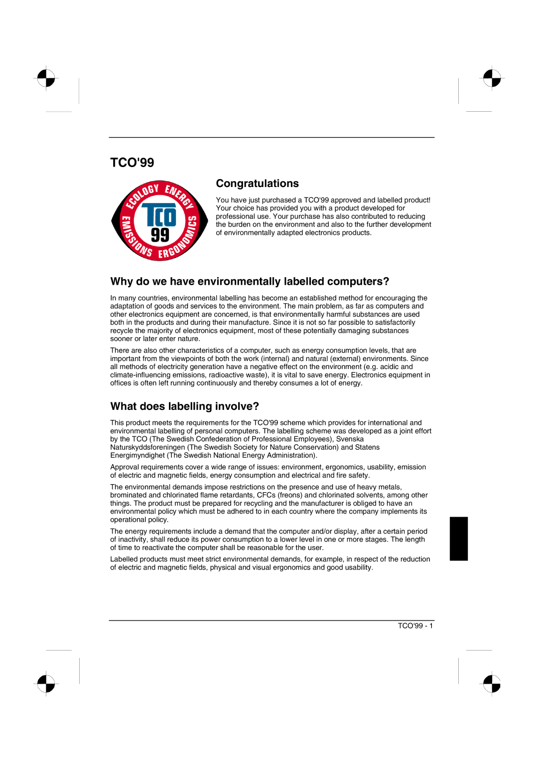 Fujitsu Siemens Computers 4312 FA manual TCO99, Congratulations, Why do we have environmentally labelled computers? 