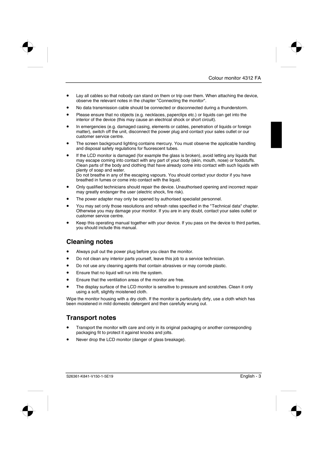 Fujitsu Siemens Computers 4312 FA manual Cleaning notes, Transport notes 