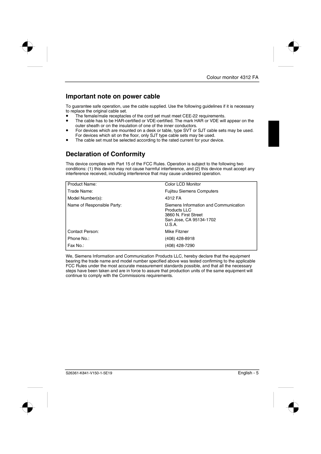 Fujitsu Siemens Computers 4312 FA manual Important note on power cable, Declaration of Conformity 