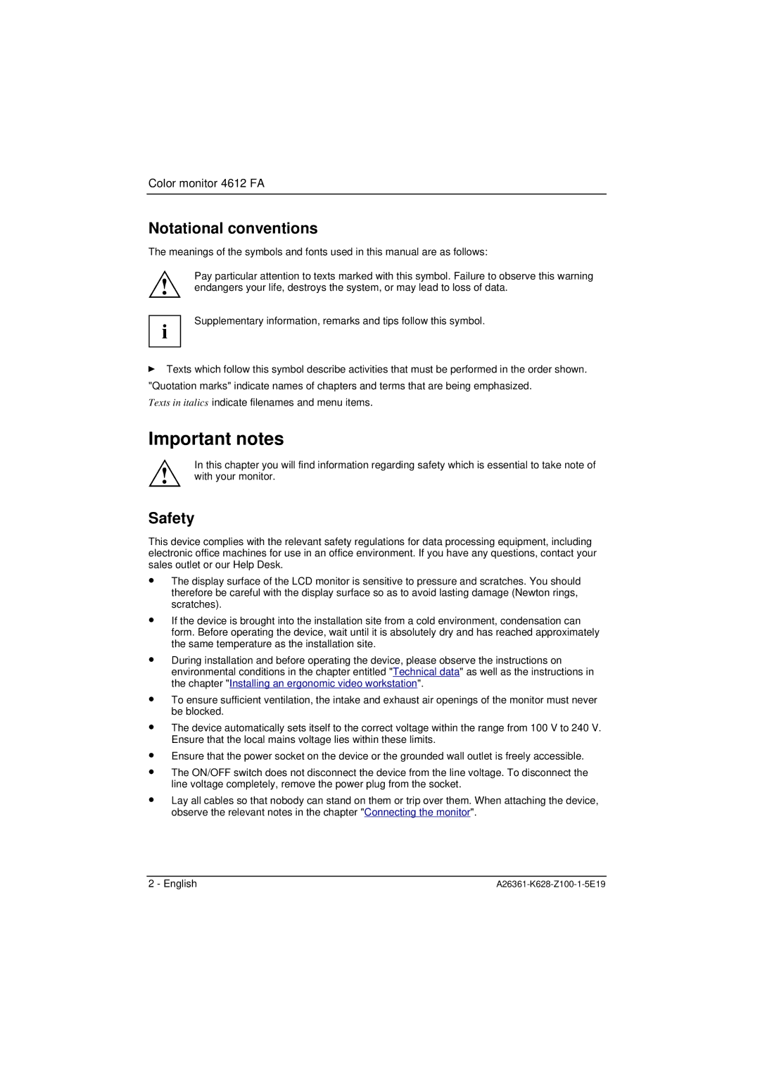 Fujitsu Siemens Computers 4612 FA manual Important notes, Notational conventions, Safety 