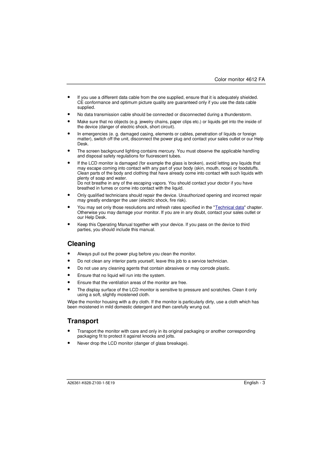 Fujitsu Siemens Computers 4612 FA manual Cleaning, Transport 