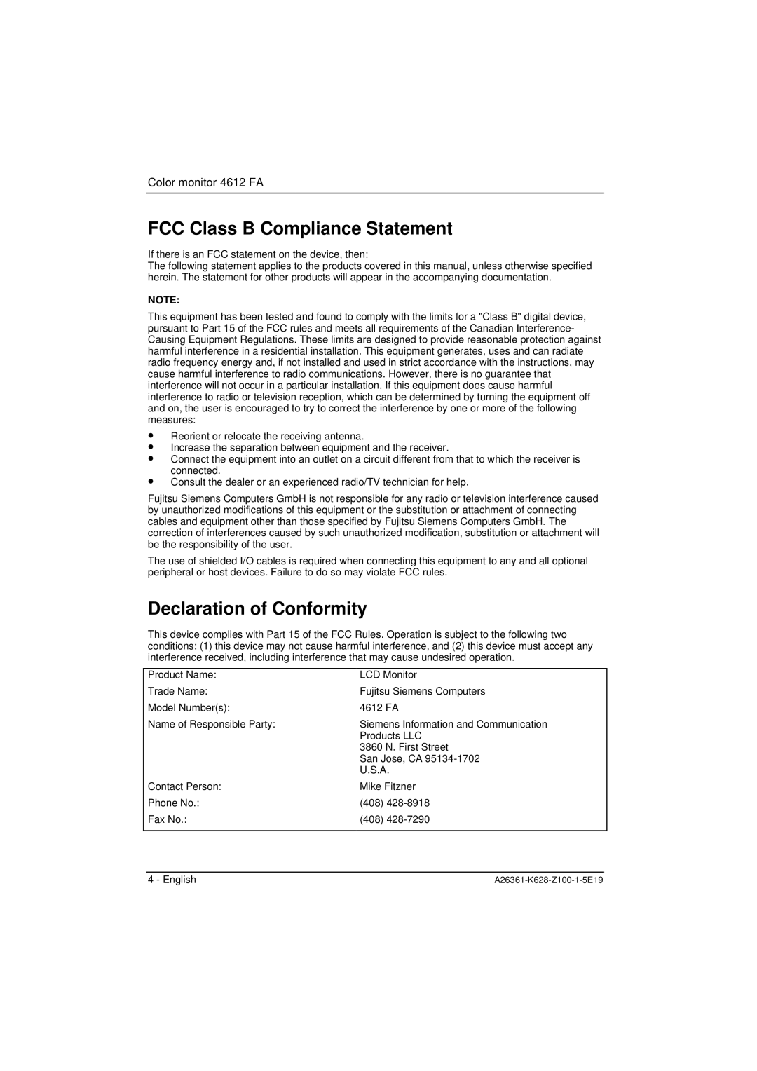 Fujitsu Siemens Computers 4612 FA manual FCC Class B Compliance Statement, Declaration of Conformity 