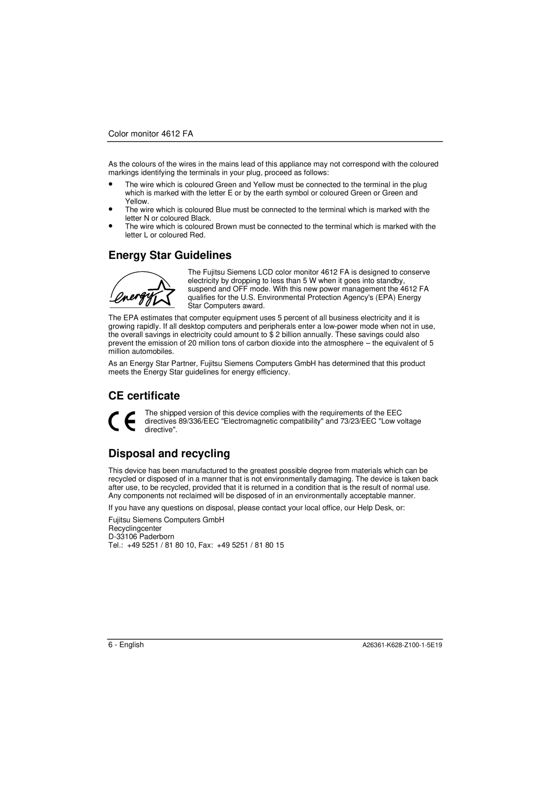 Fujitsu Siemens Computers 4612 FA manual Energy Star Guidelines, CE certificate, Disposal and recycling 