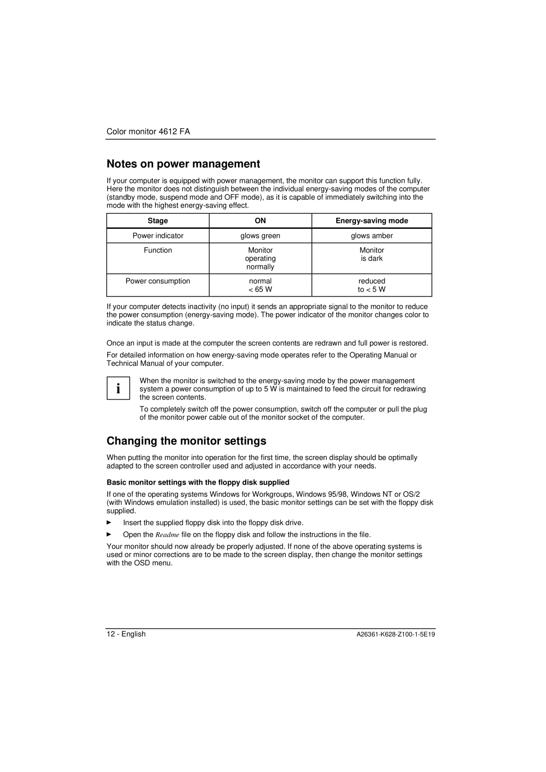 Fujitsu Siemens Computers 4612 FA manual Changing the monitor settings, Stage Energy-saving mode 