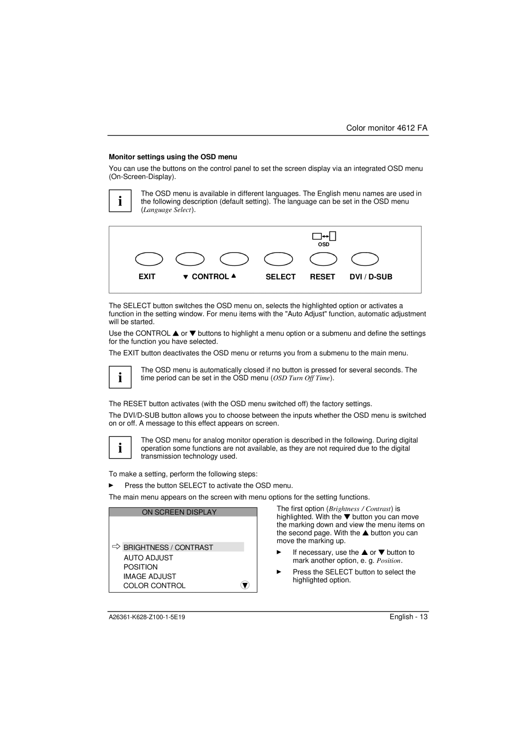 Fujitsu Siemens Computers 4612 FA manual Monitor settings using the OSD menu, Exit Control Select Reset DVI / D-SUB 