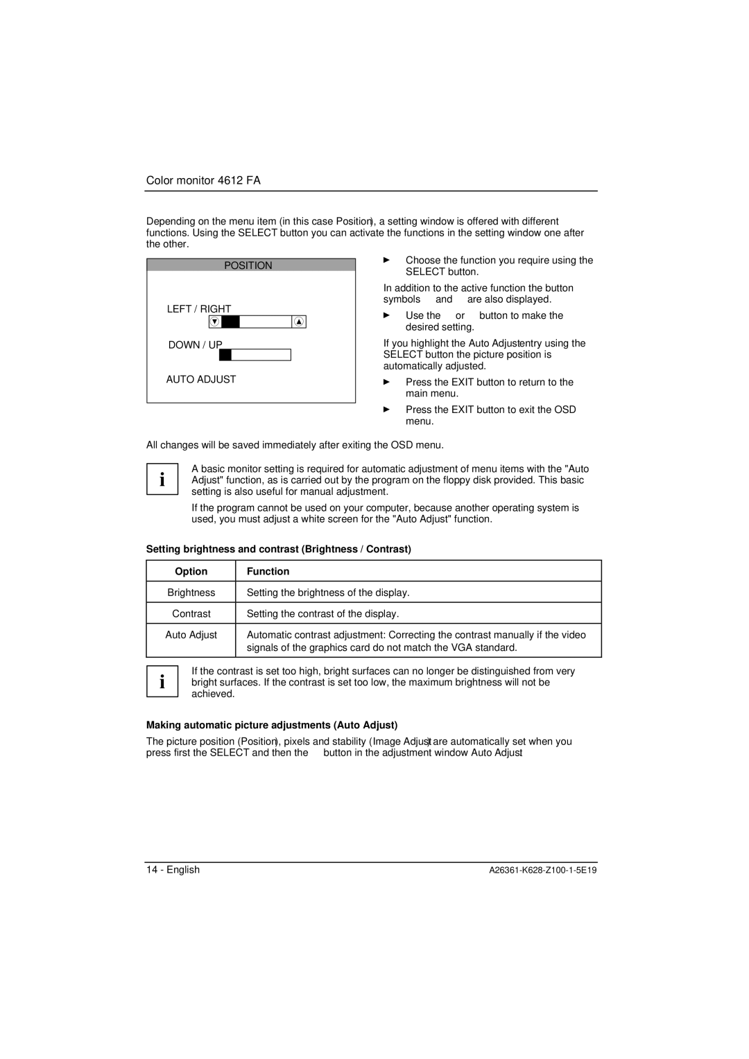 Fujitsu Siemens Computers 4612 FA manual Position Left / Right Down / UP Auto Adjust 