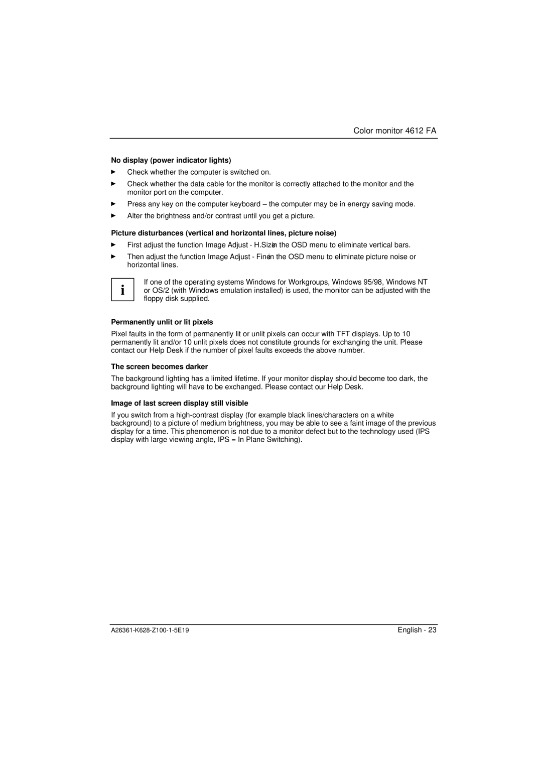 Fujitsu Siemens Computers 4612 FA manual No display power indicator lights, Permanently unlit or lit pixels 