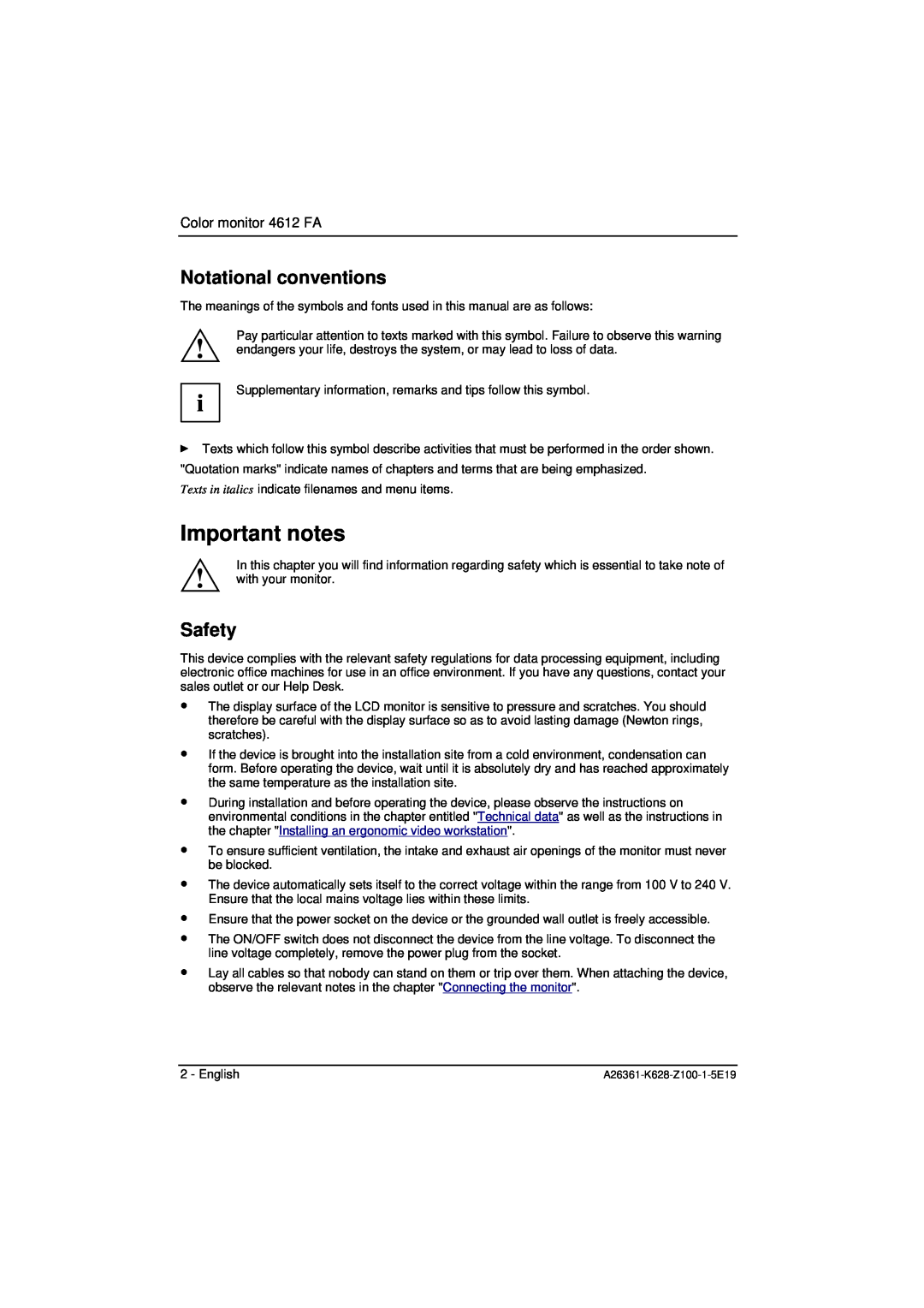 Fujitsu Siemens Computers manual Important notes, Notational conventions, Safety, Color monitor 4612 FA 