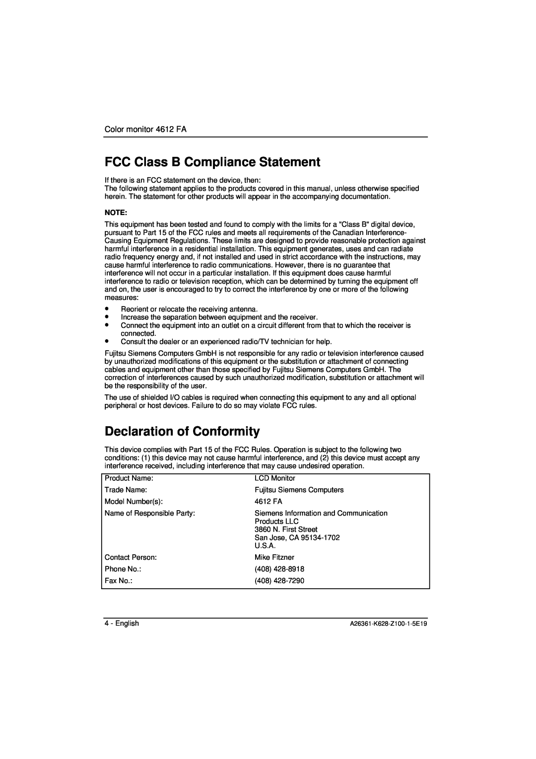 Fujitsu Siemens Computers manual FCC Class B Compliance Statement, Declaration of Conformity, Color monitor 4612 FA 