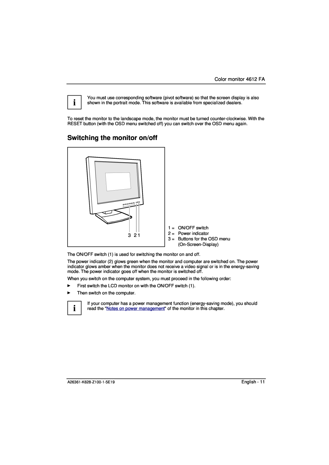 Fujitsu Siemens Computers manual Switching the monitor on/off, Color monitor 4612 FA 