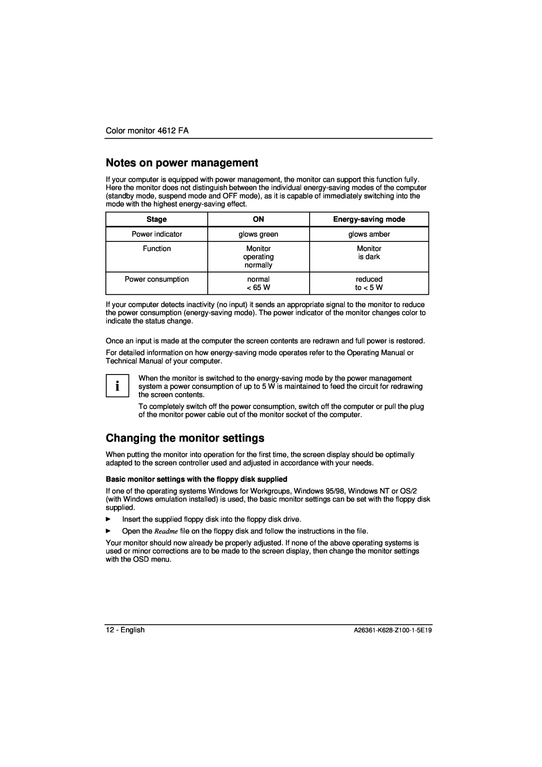 Fujitsu Siemens Computers manual Notes on power management, Changing the monitor settings, Color monitor 4612 FA, Stage 