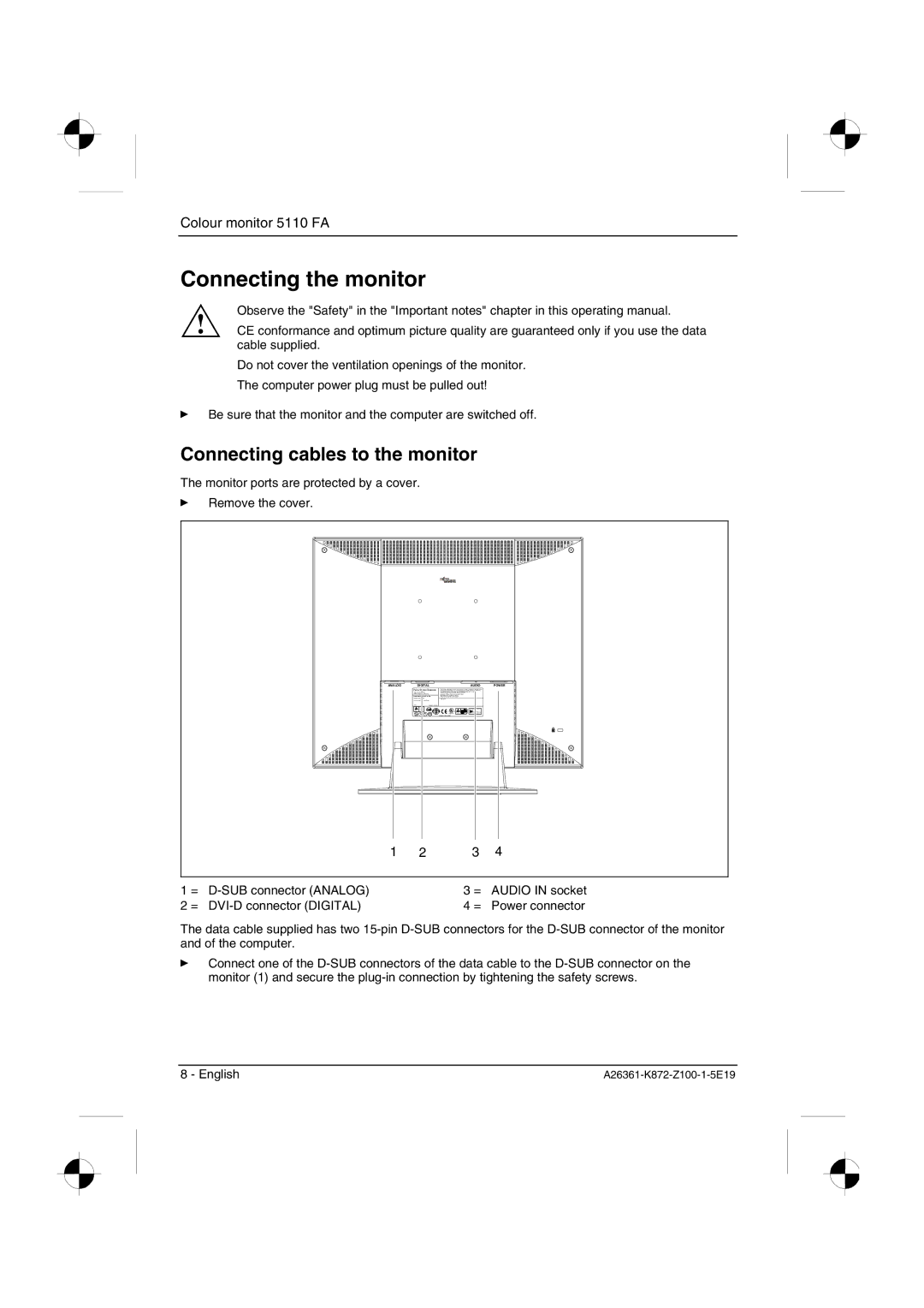 Fujitsu Siemens Computers 5110 FA manual Connecting the monitor, Connecting cables to the monitor 