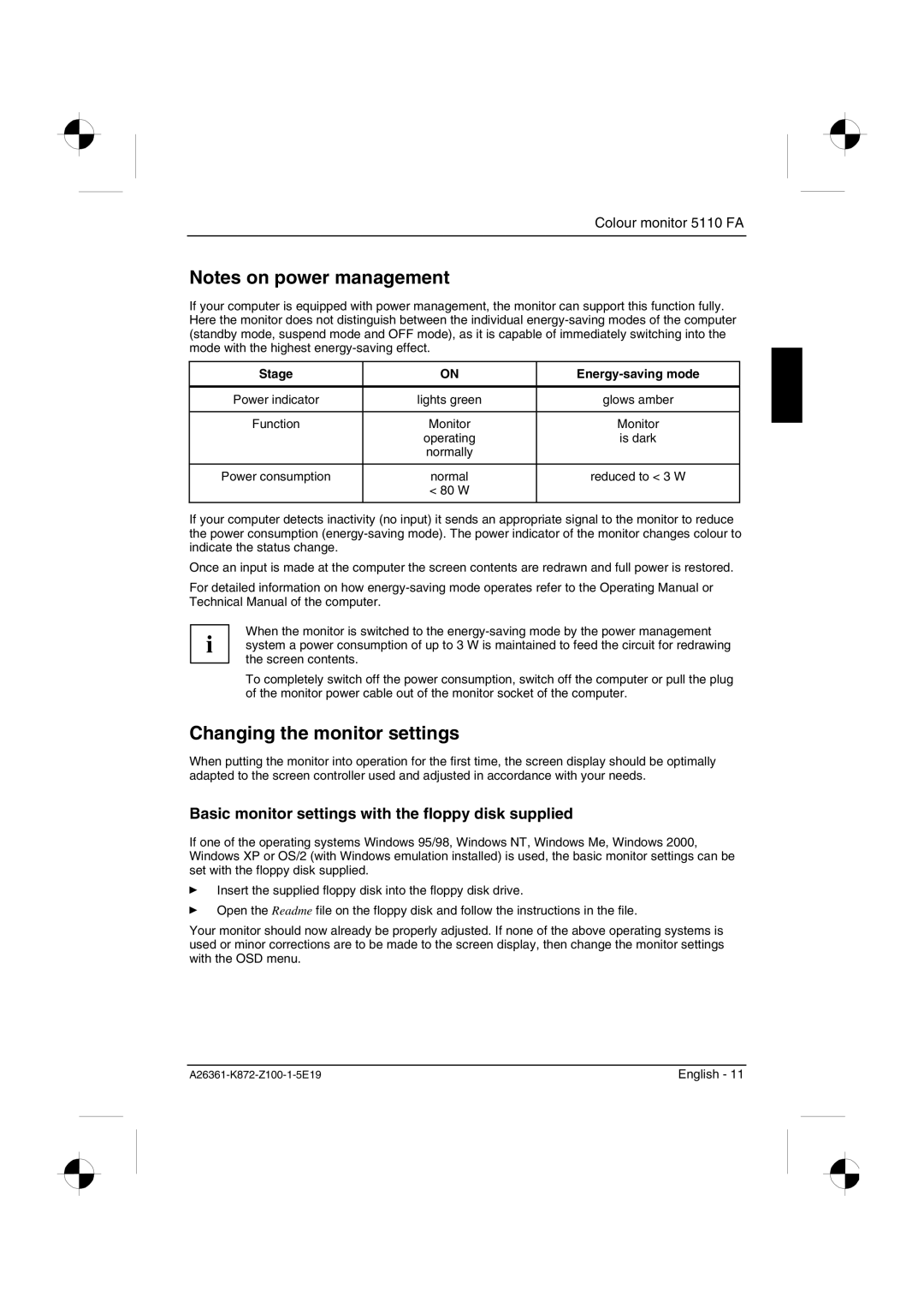 Fujitsu Siemens Computers 5110 FA manual Changing the monitor settings, Stage Energy-saving mode 