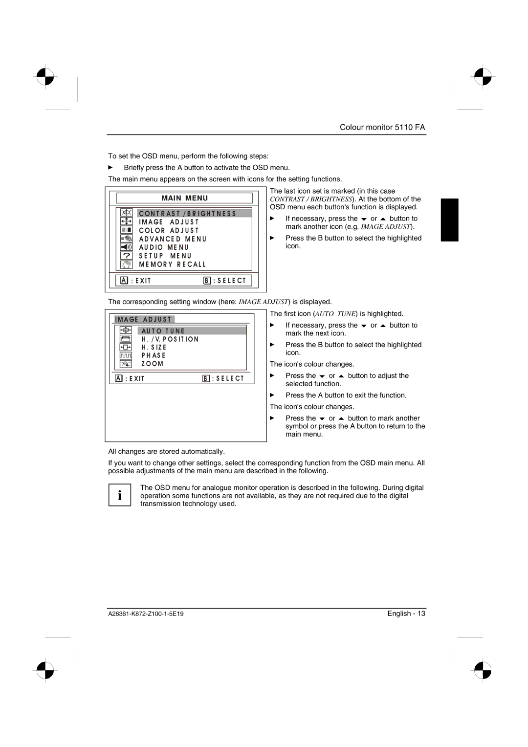 Fujitsu Siemens Computers 5110 FA manual Im Age Ad J U S T 