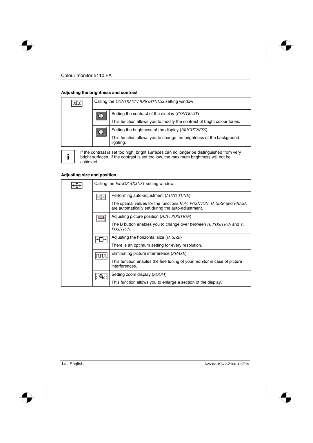 Fujitsu Siemens Computers 5110 FA manual Adjusting the brightness and contrast, Adjusting size and position 