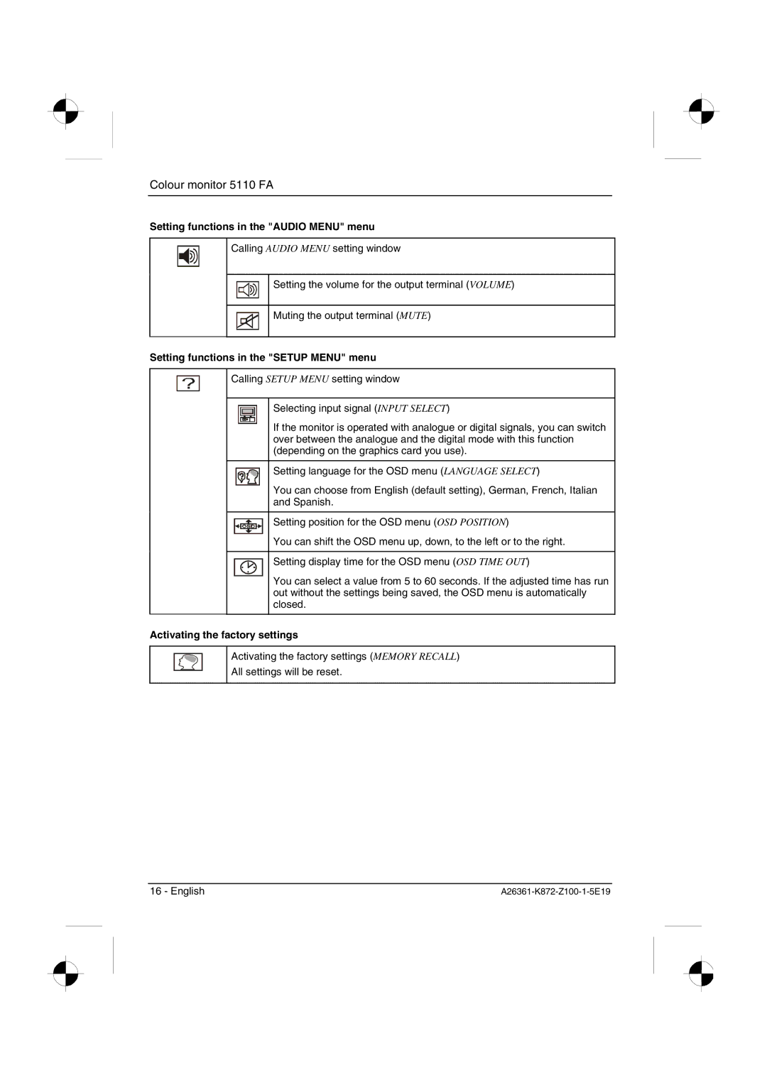 Fujitsu Siemens Computers 5110 FA manual Setting functions in the Audio Menu menu, Setting functions in the Setup Menu menu 