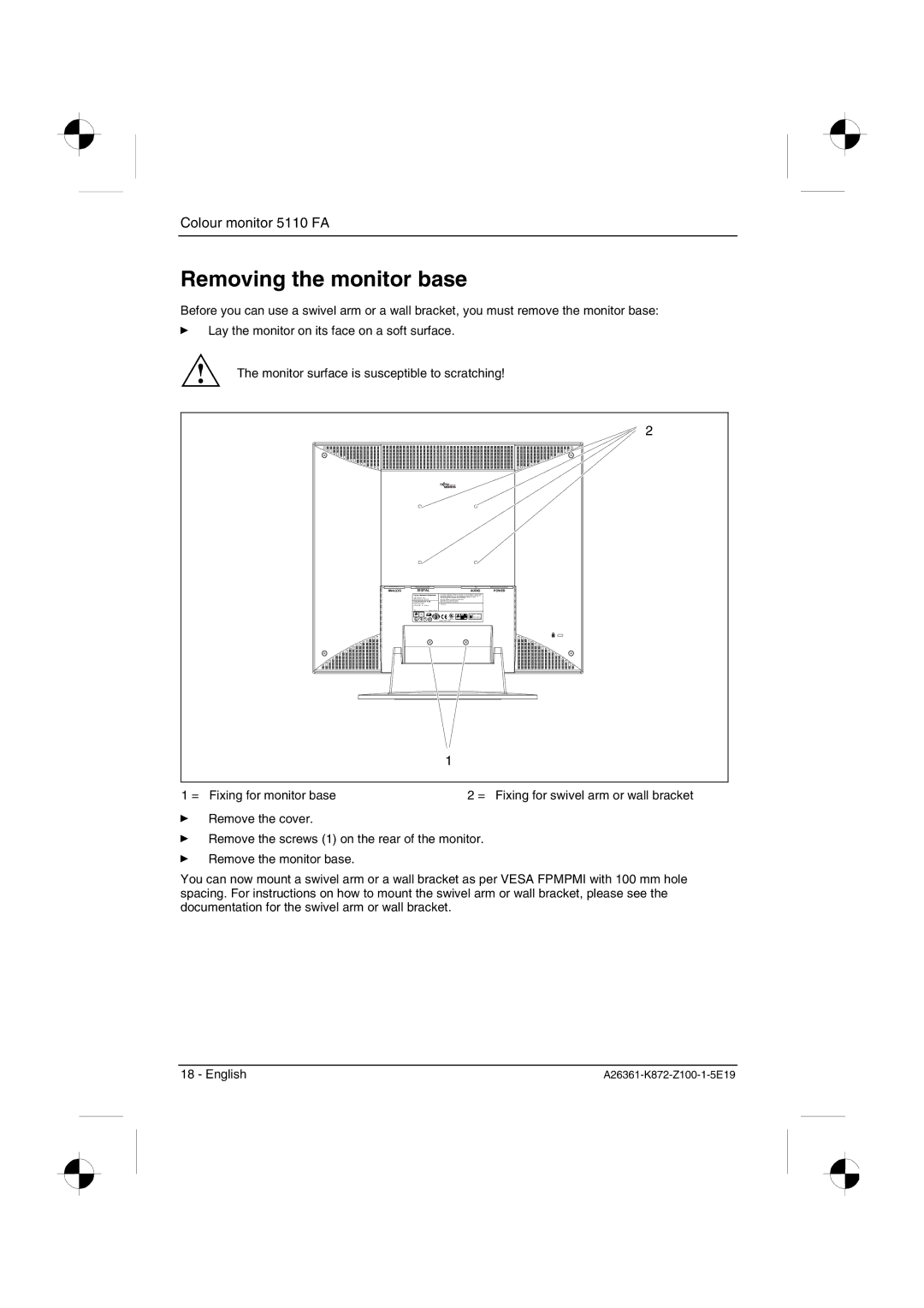 Fujitsu Siemens Computers 5110 FA manual Removing the monitor base 