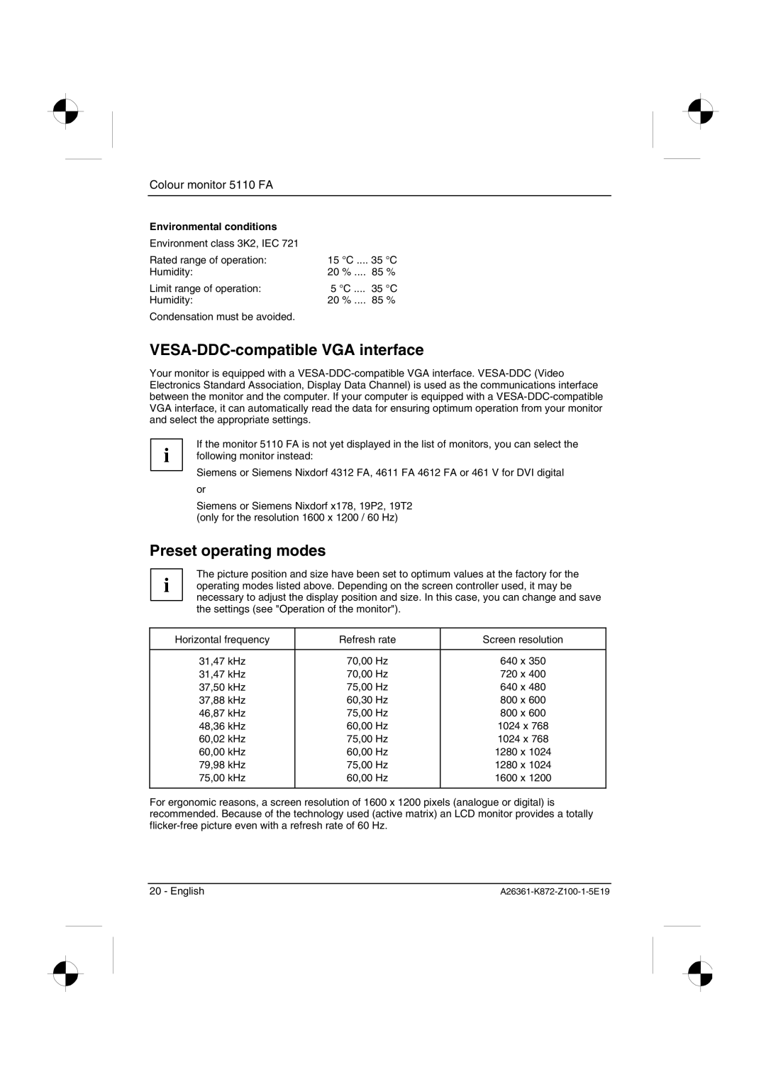 Fujitsu Siemens Computers 5110 FA VESA-DDC-compatible VGA interface, Preset operating modes, Environmental conditions 