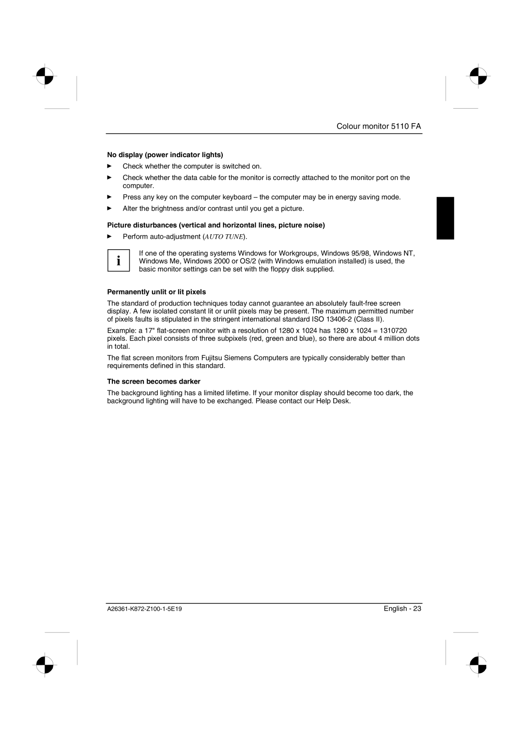 Fujitsu Siemens Computers 5110 FA manual No display power indicator lights, Permanently unlit or lit pixels 