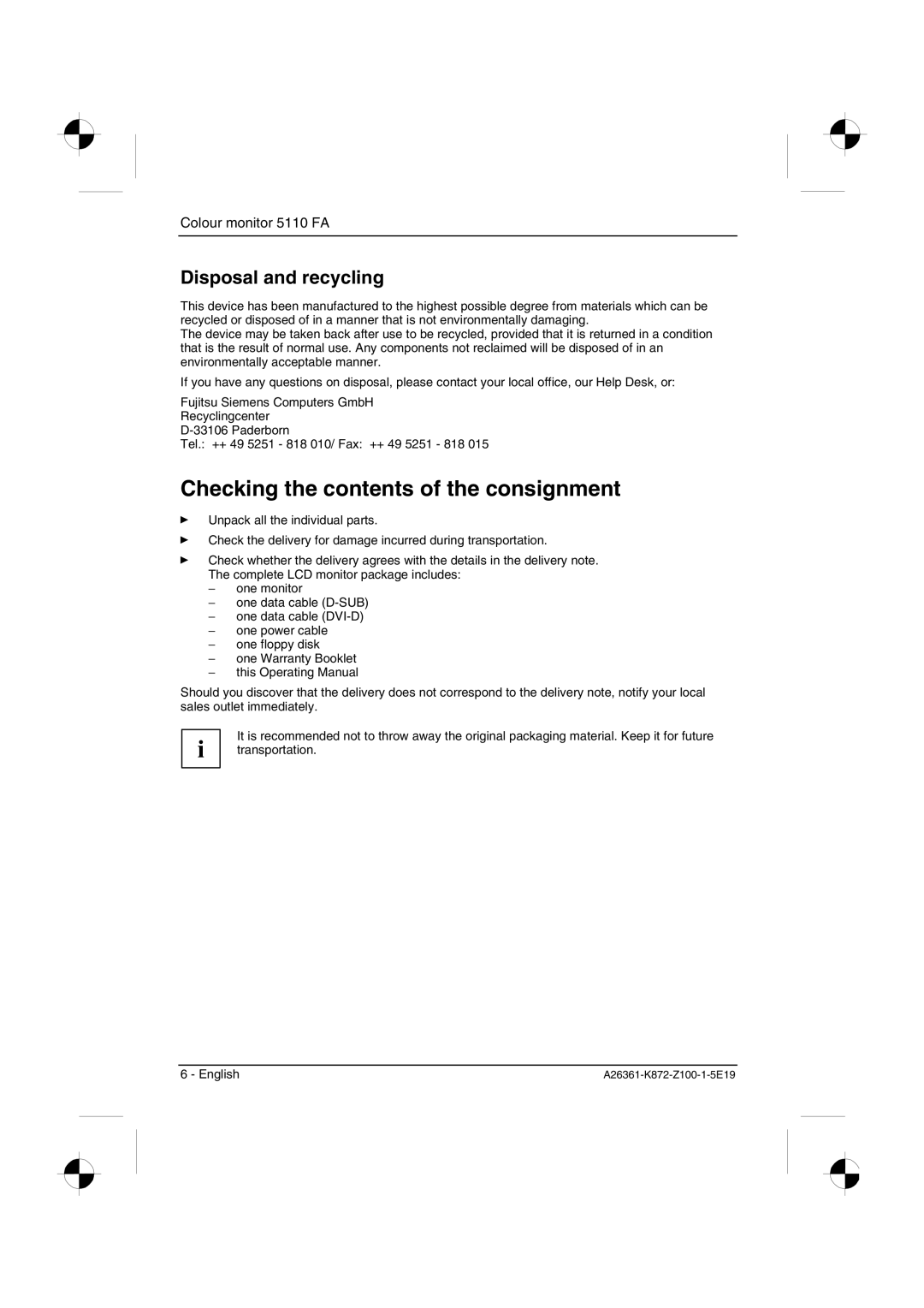 Fujitsu Siemens Computers 5110 FA manual Checking the contents of the consignment 