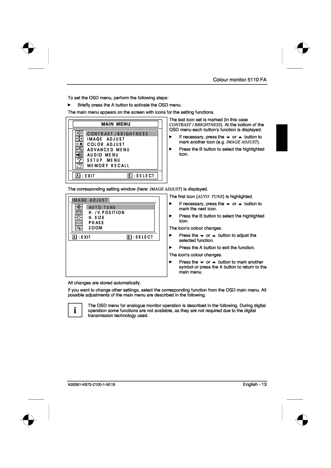 Fujitsu Siemens Computers manual Colour monitor 5110 FA, Im Age, Ad J U S T, Ad Van Ce D M E N U, Au D Io, E Xit 