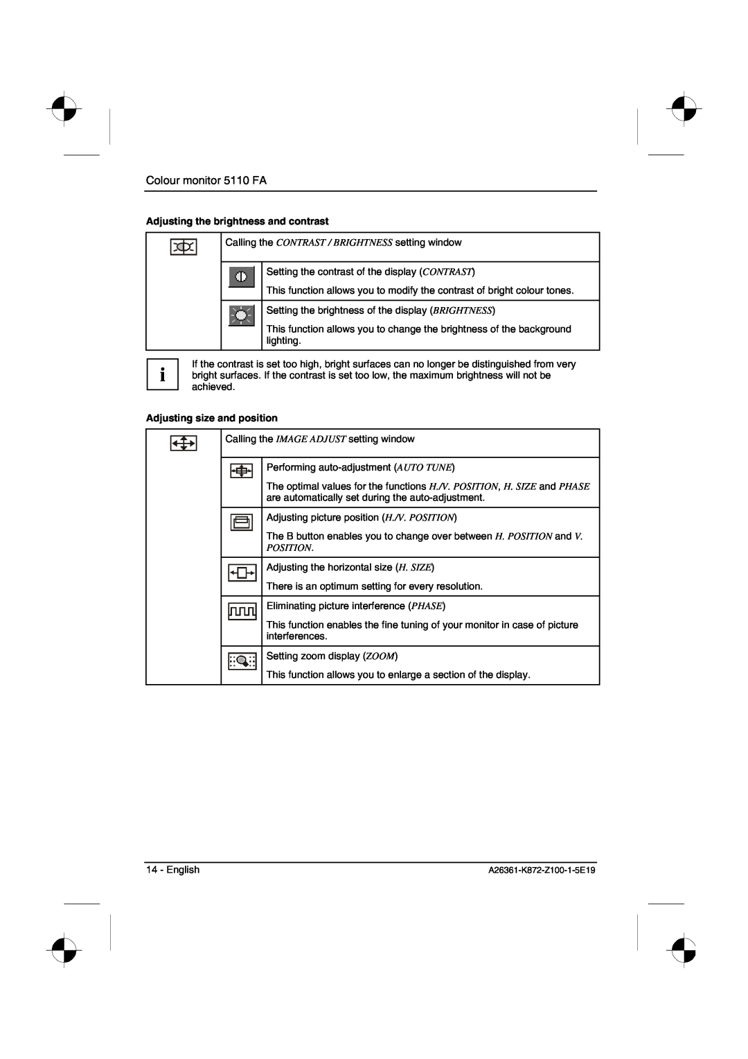 Fujitsu Siemens Computers 5110 FA manual Adjusting the brightness and contrast, Adjusting size and position, Position 