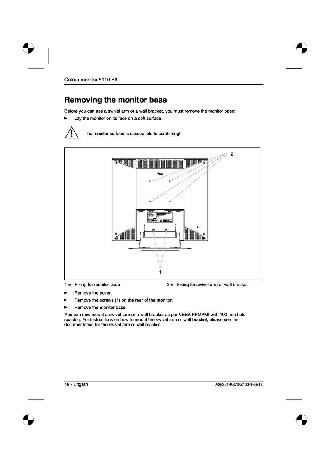 Fujitsu Siemens Computers manual Removing the monitor base, Colour monitor 5110 FA 