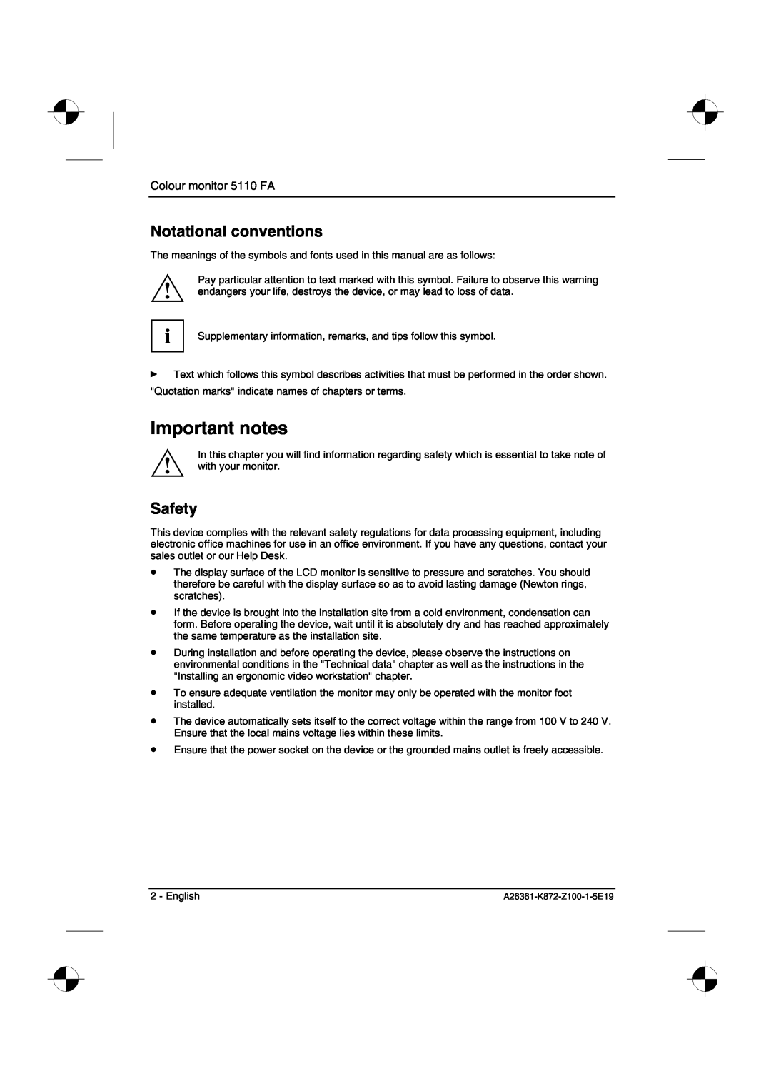 Fujitsu Siemens Computers manual Important notes, Notational conventions, Safety, Colour monitor 5110 FA 