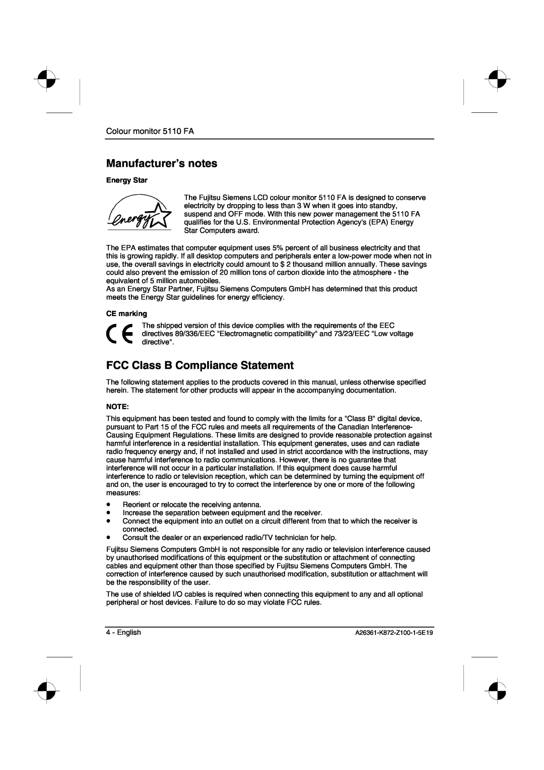 Fujitsu Siemens Computers 5110 FA manual Manufacturer’s notes, FCC Class B Compliance Statement, Energy Star, CE marking 